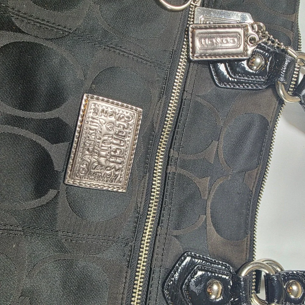 Coach Poppy Black Signature Sateen Glam Tote Bag Canvas Patent Leather 18351